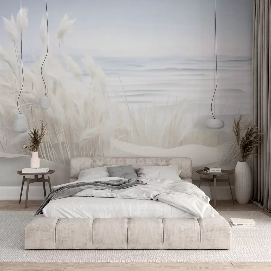 Fototapet Krajina s bílou pampovou trávou na písečné duně, se světle modrým oceánem v pozadí, jemný, minimalistický styl w09132