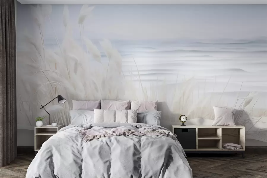 Fototapet Krajina s bílou pampovou trávou na písečné duně, se světle modrým oceánem v pozadí, jemný, minimalistický styl w09132