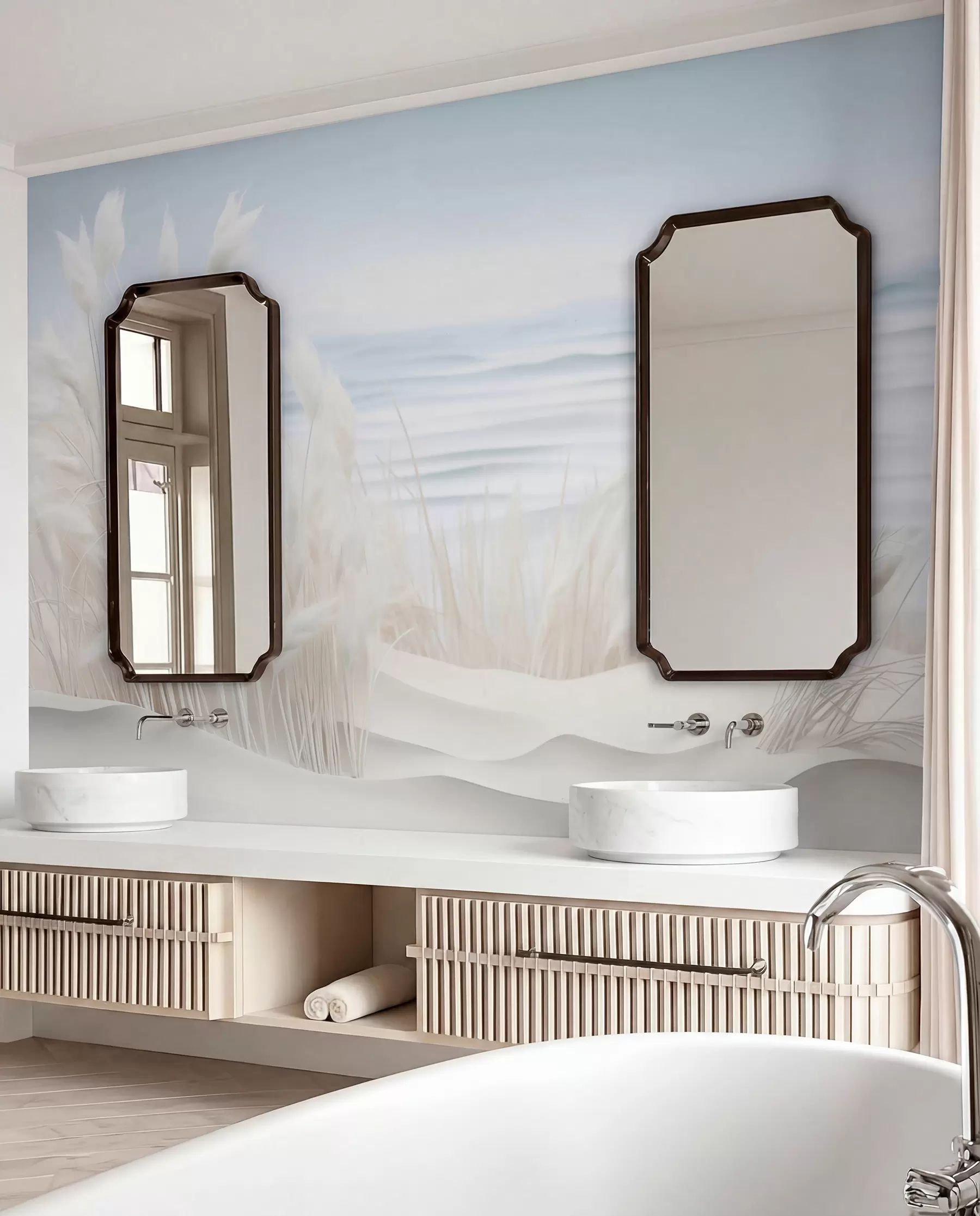 Fototapet Krajina s bílou pampovou trávou na písečné duně, se světle modrým oceánem v pozadí, jemný, minimalistický styl w09132