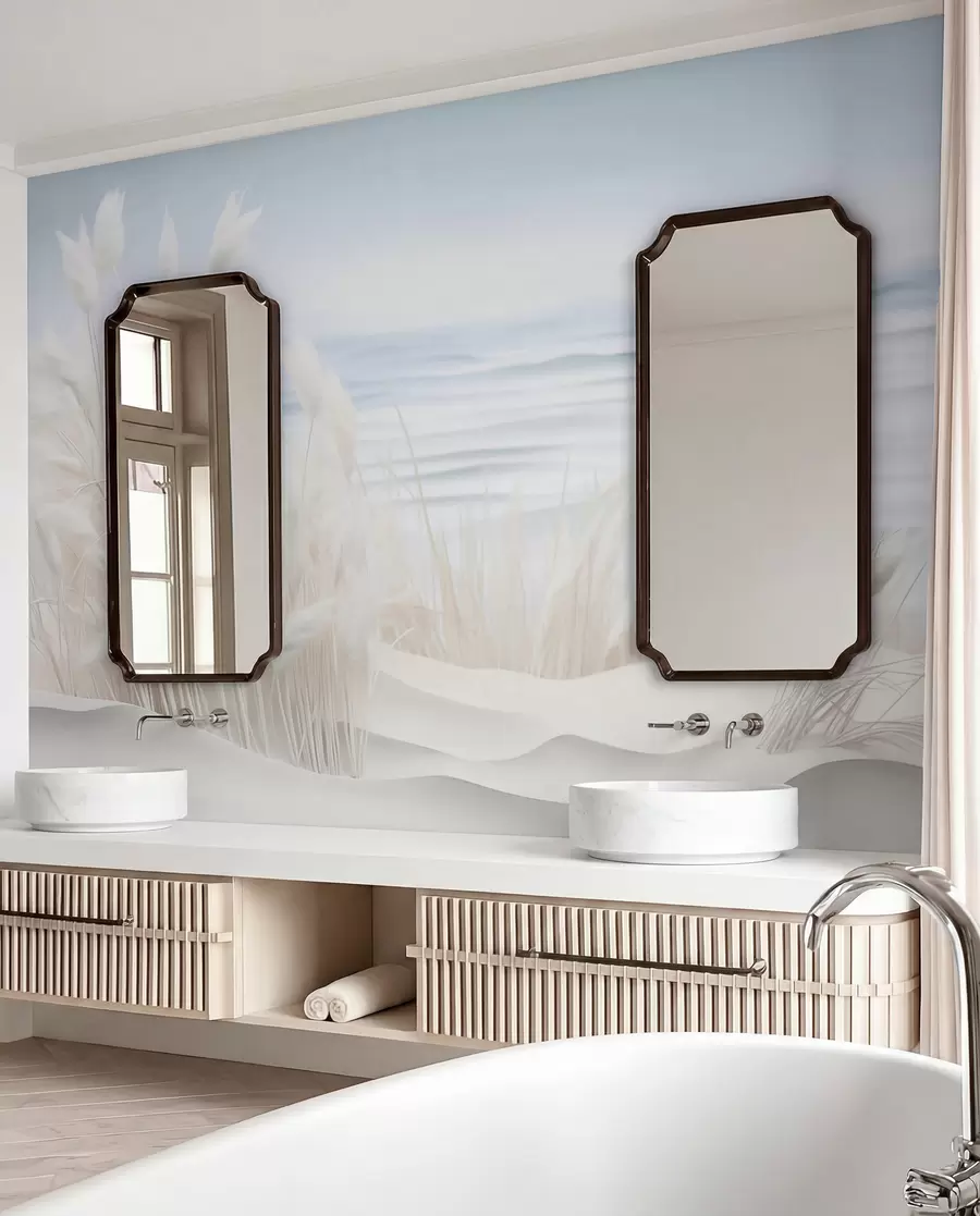 Fototapet Krajina s bílou pampovou trávou na písečné duně, se světle modrým oceánem v pozadí, jemný, minimalistický styl w09132