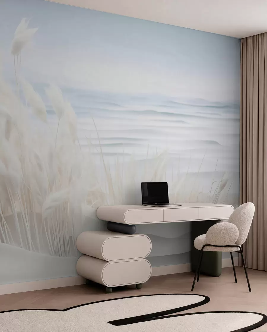 Fototapet Krajina s bílou pampovou trávou na písečné duně, se světle modrým oceánem v pozadí, jemný, minimalistický styl w09132