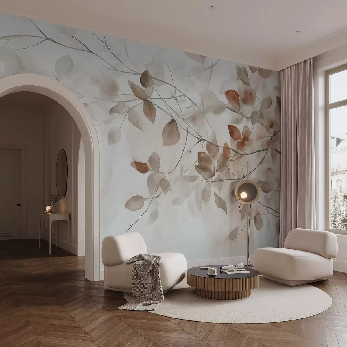 Fototapet Texturální akvarelová malba imitující hnědé listy a větve, jemné barvy, jemné detaily na bílém pozadí w09133