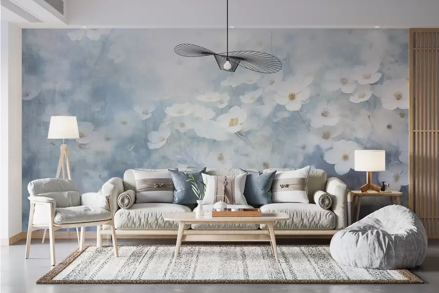 Fototapet Texturální pole bílých květů sasanek, měkké zaostření, snová atmosféra, světle modrá a bílá paleta barev, jarní louka w09134