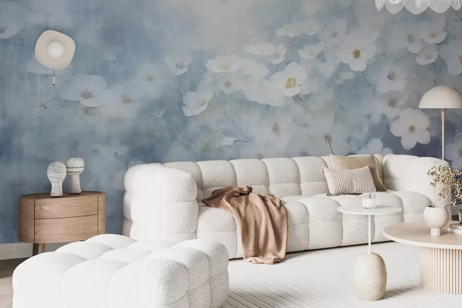 Fototapet Texturální pole bílých květů sasanek, měkké zaostření, snová atmosféra, světle modrá a bílá paleta barev, jarní louka w09134