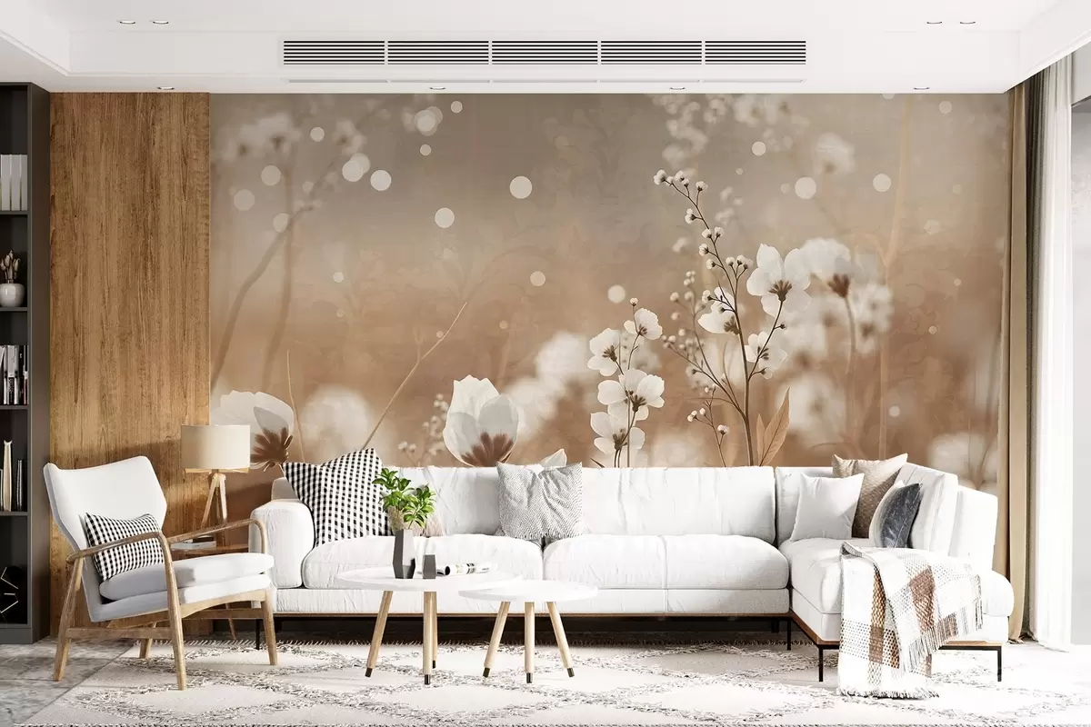 Fototapet Bílé květy s hnědými stonky a listy v poli, bokeh efekt, teplá paleta barev, elegantní umělecké dílo inspirované přírodou w09135