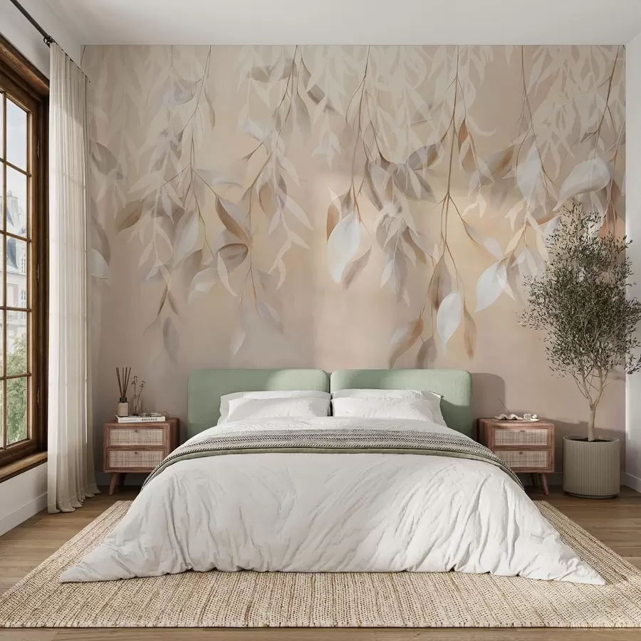 Fototapet Závěsné texturované bílé a béžové listy s jemnou paletou barev, broskvové, šedé a bílé jemné pozadí  w09136
