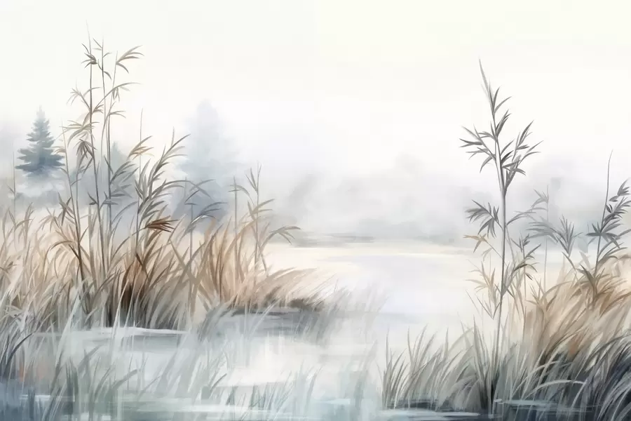 Fototapet Texturovaná krajina jezera s vysokou trávou v popředí, jemná modrá a hnědá, klidná voda, stromy v dálce w09137