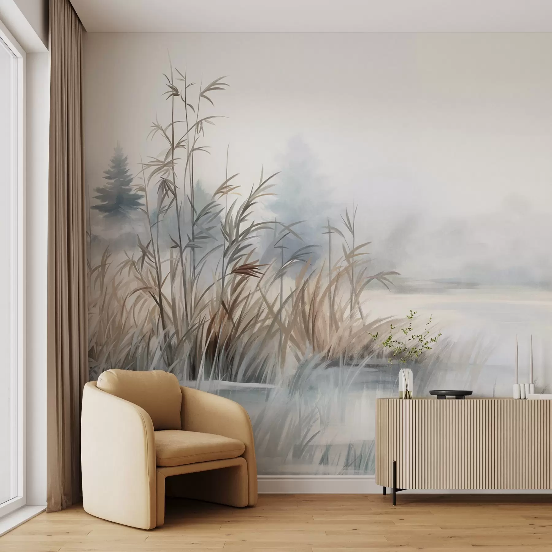 Fototapet Texturovaná krajina jezera s vysokou trávou v popředí, jemná modrá a hnědá, klidná voda, stromy v dálce w09137