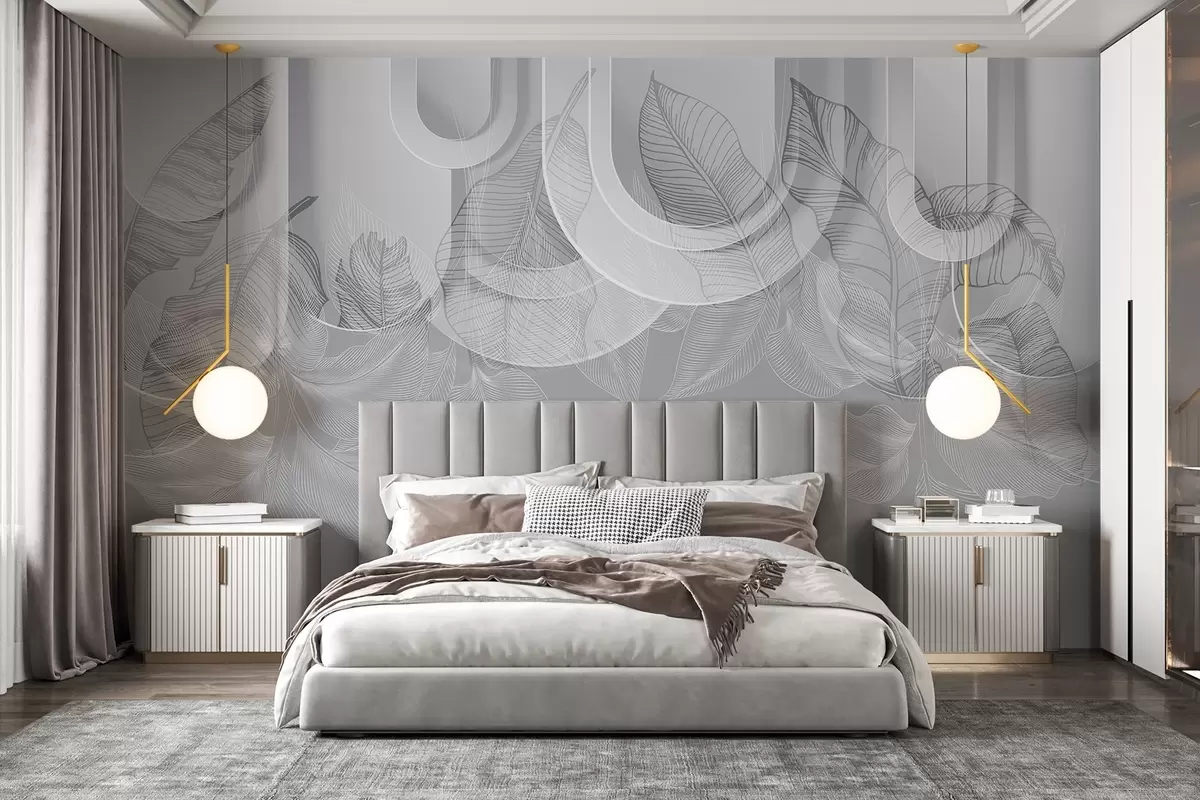 Fototapet Abstraktní pozadí s šedými oblouky a bílými tropickými listy, minimalistický design, elegantní a moderní, neutrální paleta barev w09138