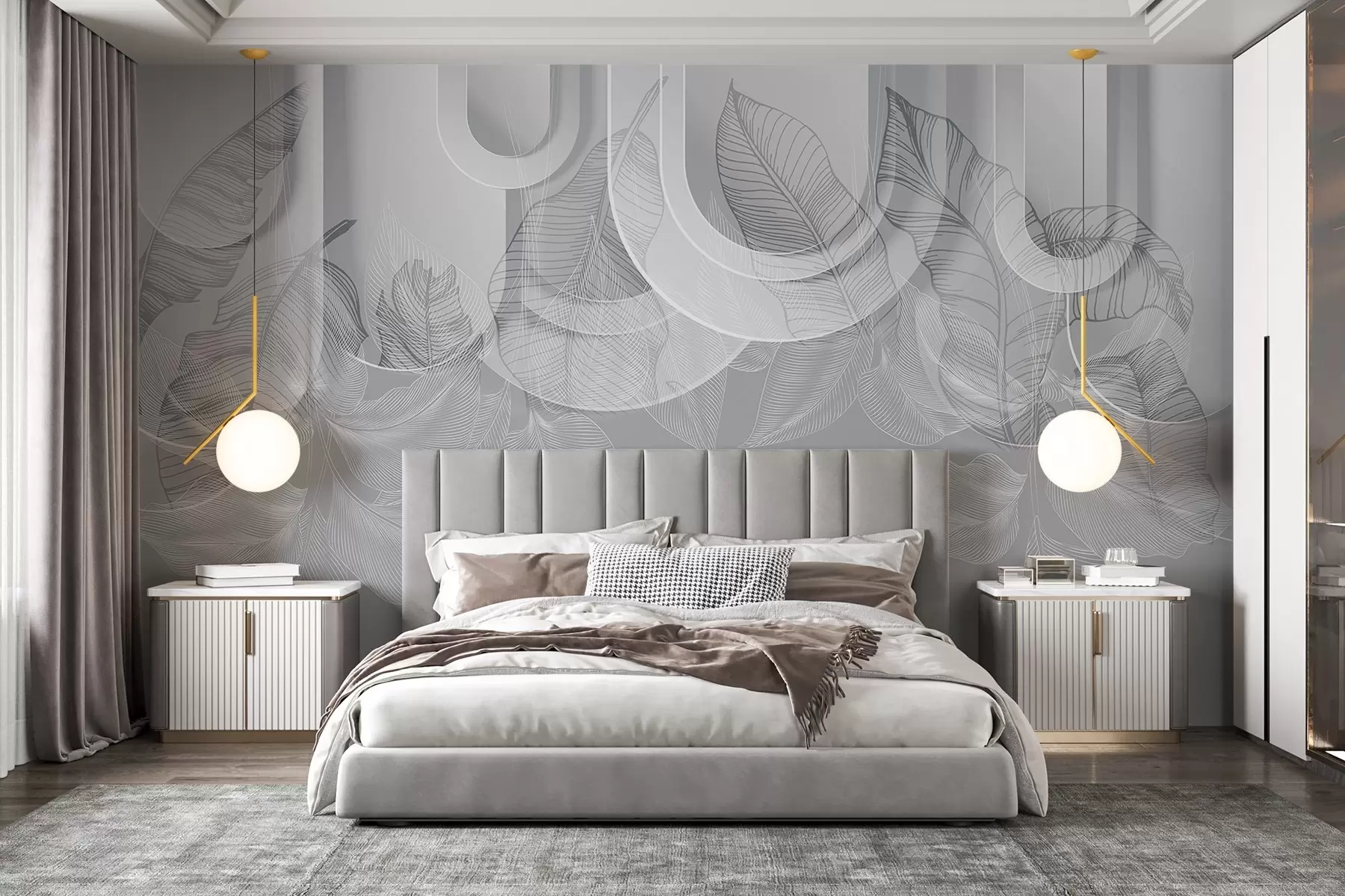 Fototapet Abstraktní pozadí s šedými oblouky a bílými tropickými listy, minimalistický design, elegantní a moderní, neutrální paleta barev w09138