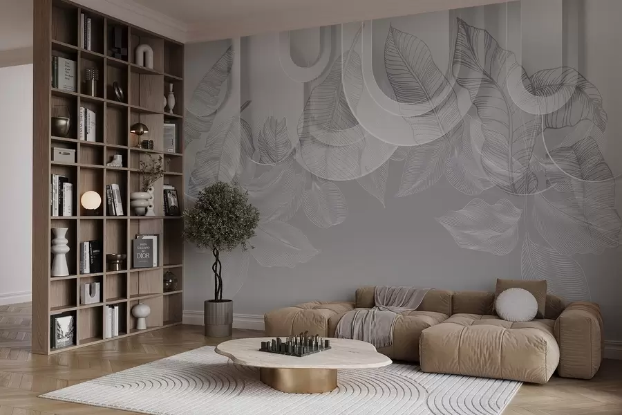 Fototapet Abstraktní pozadí s šedými oblouky a bílými tropickými listy, minimalistický design, elegantní a moderní, neutrální paleta barev w09138