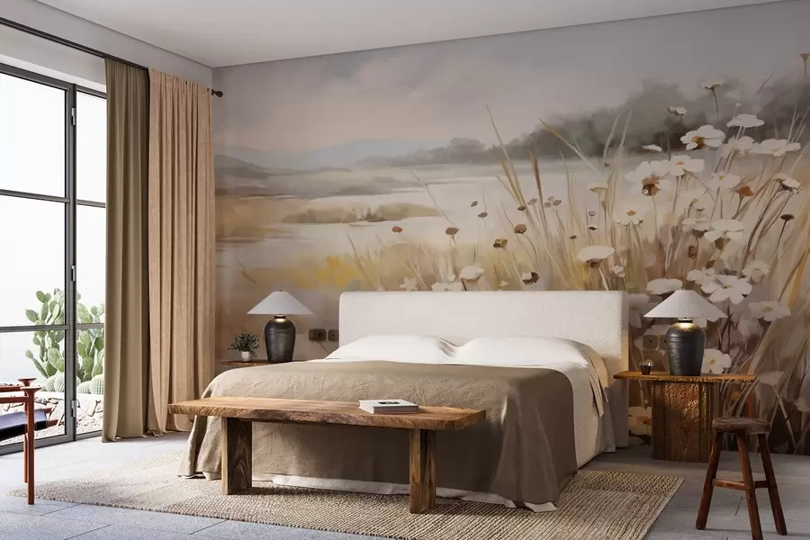 Fototapet Pole s vysokou trávou a bílými sedmikráskami, stromy v pozadí, pod zataženou oblohou, texturovaná krajina, jemné tahy štětcem w09139