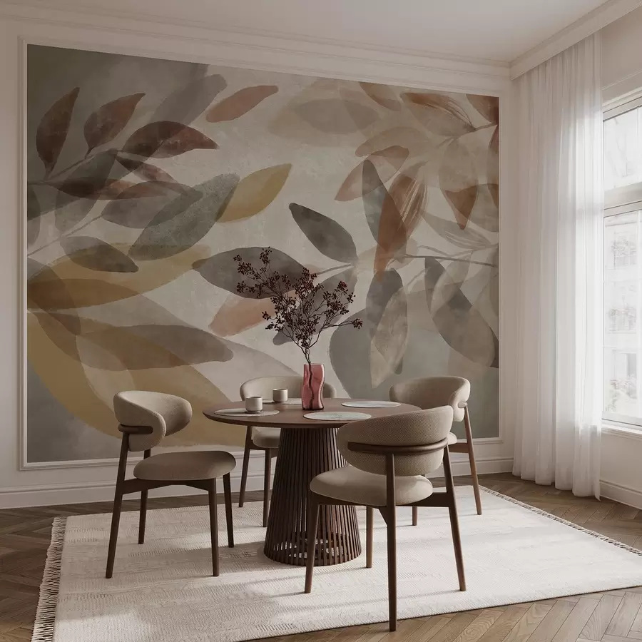 Fototapet Abstraktní texturované listy v tlumených hnědých, béžových a šedých tónech, průhledné tvary, minimalistický styl, organické tvary w09140
