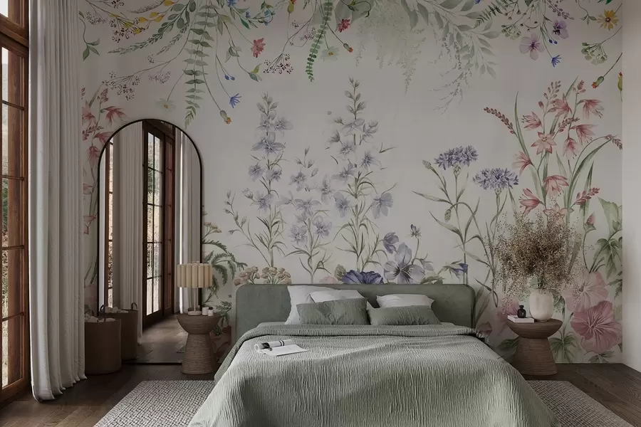 Fototapet Květinové texturní uspořádání s barevnými květy a zelenými listy, botanická ilustrace , jemné pastelové barvy, vintage styl w09143