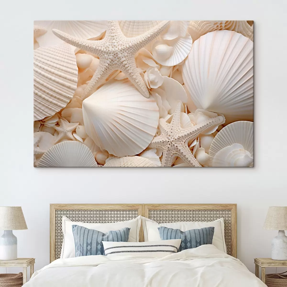 Obraz Dekorativní bílé mušle a mořské hvězdice vytvářející jednobarevnou kompozici s texturou Č. s44392