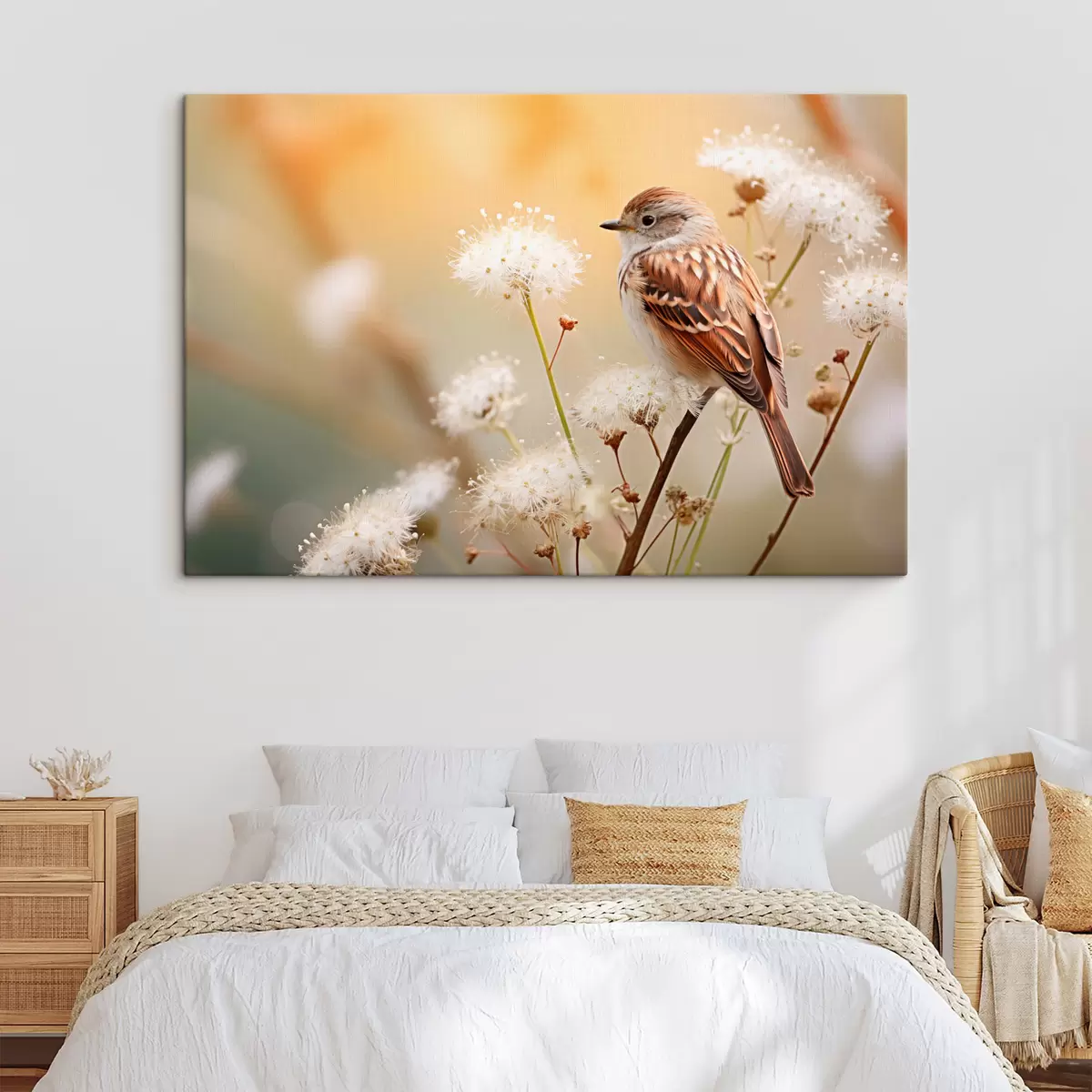 Obraz Pták sedící na větvi s bílými květy, měkké zaostření, přírodní pozadí Č. s44393