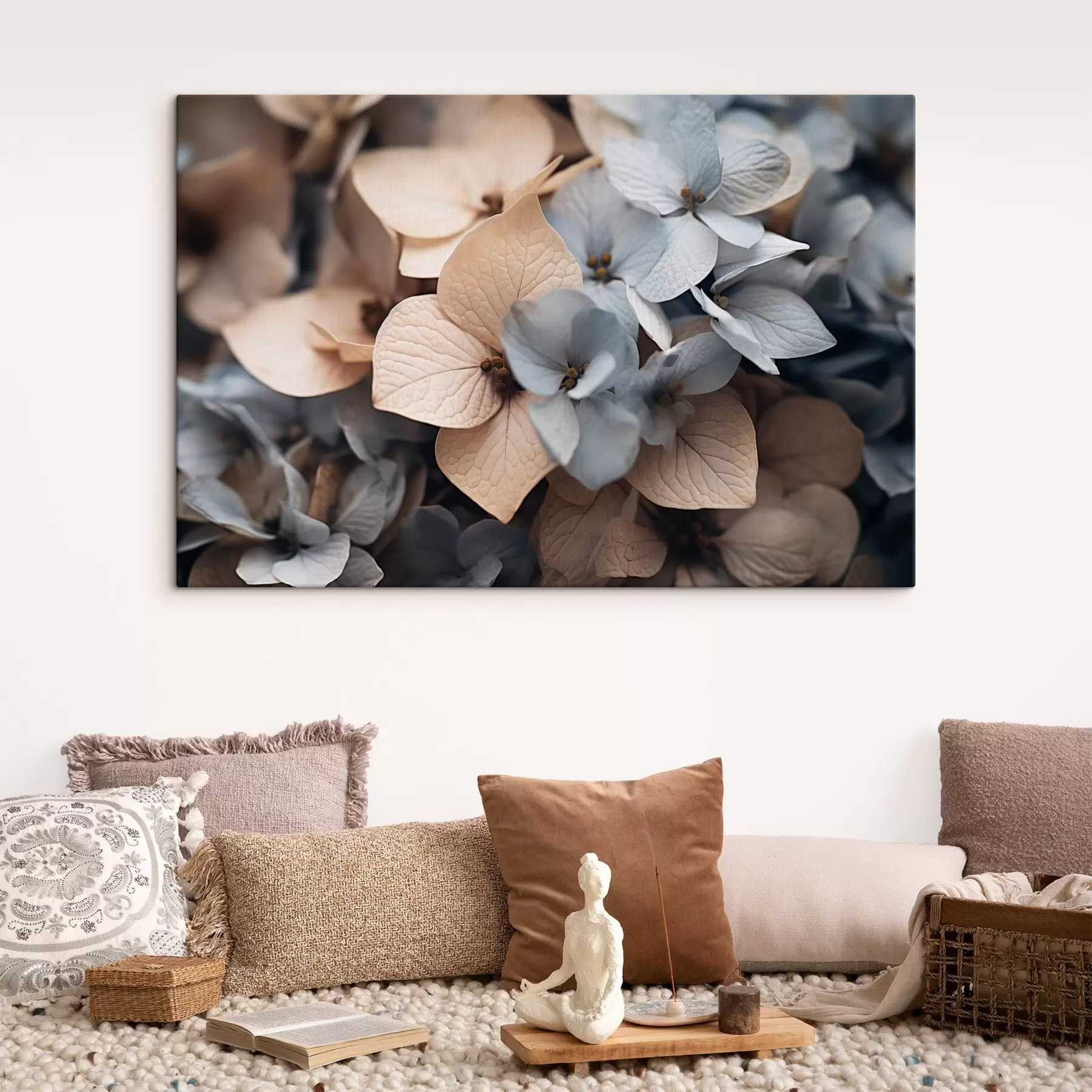 Fototapet Květy hortenzie, světle modré a béžové okvětní lístky, s detailní texturou, elegantní květinové aranžmá s44394