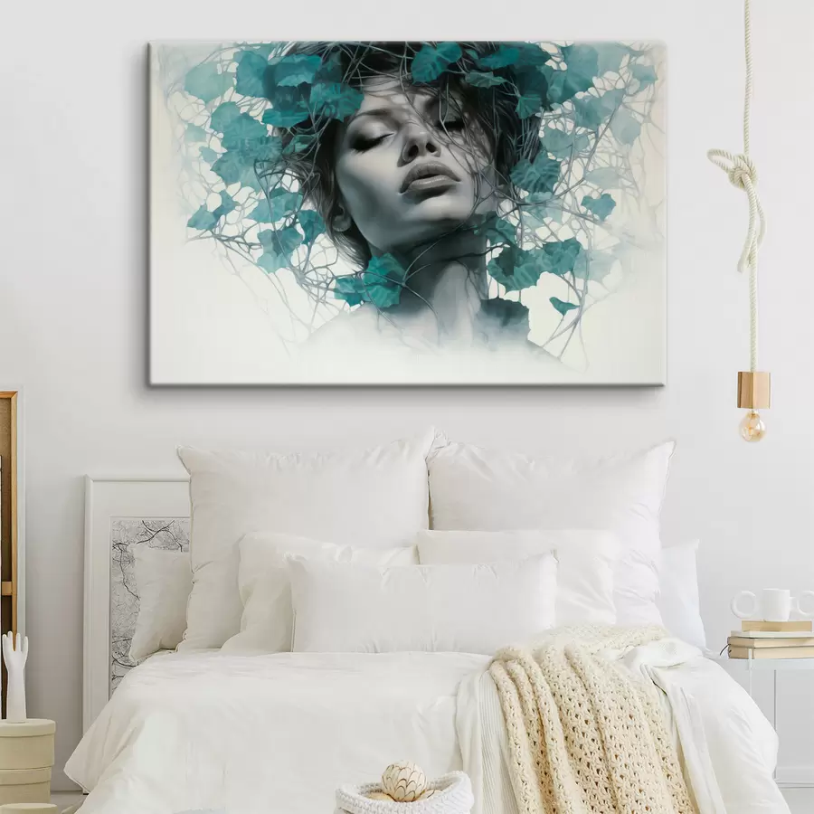 Obraz Portrét ženy se zavřenýma očima, obklopené zelenými listy a větvemi Č. s44399