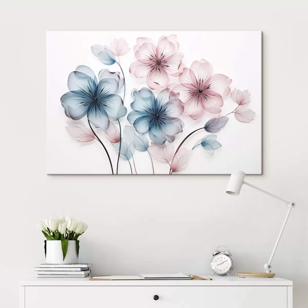 Obraz Průsvitné tlumené růžové a modré květy s viditelnými tyčinkami a stonky Č. s44405