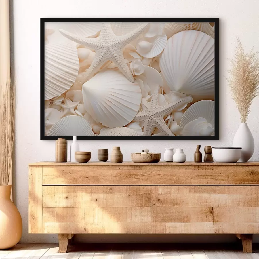 Fototapet Dekorativní bílé mušle a mořské hvězdice vytvářející jednobarevnou kompozici s texturou f44392