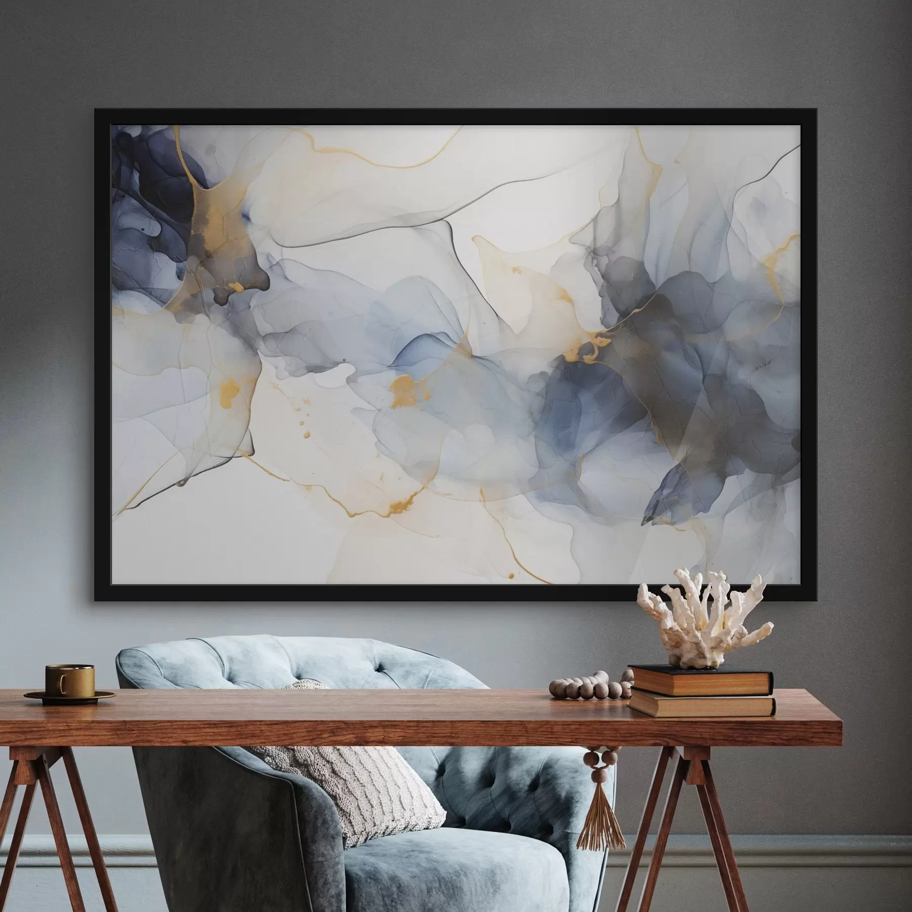 Fototapet Abstraktní malba modrou tuší, tekuté a organické tvary, jemné textury na bílém pozadí f44397