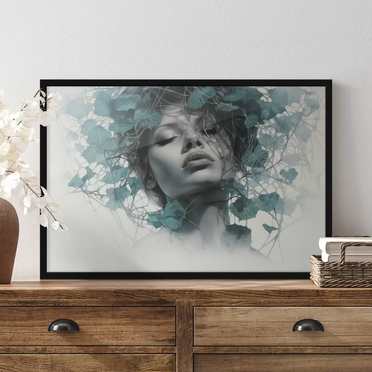 Poster Portrét ženy se zavřenýma očima, obklopené zelenými listy a větvemi f44399