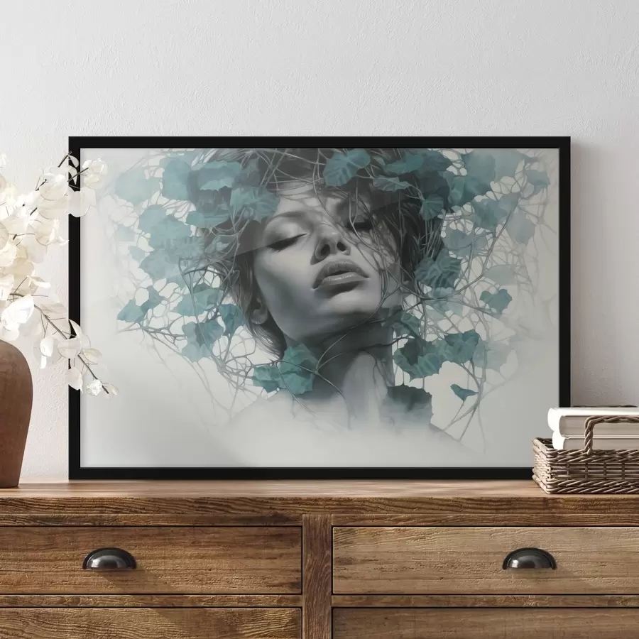 Fototapet Portrét ženy se zavřenýma očima, obklopené zelenými listy a větvemi f44399