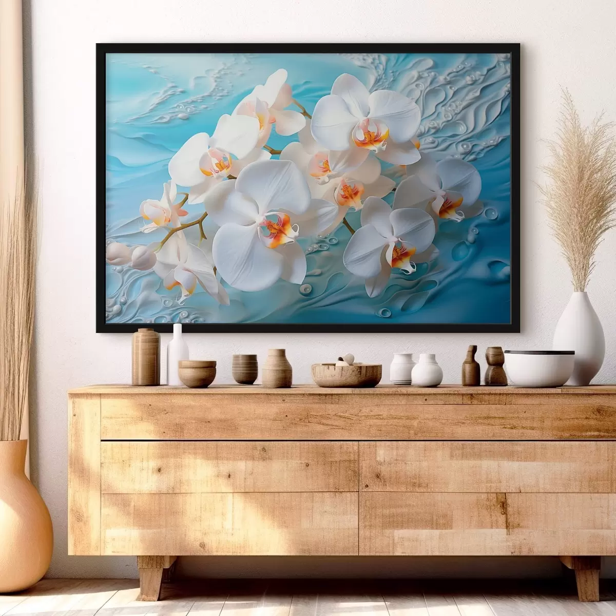 Poster Bílé orchideje naaranžované na světle modré ploše s kapkami vody, měkké osvětlení f44401