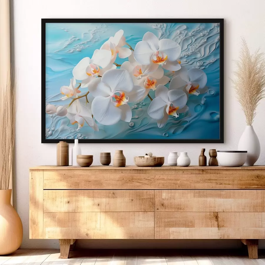 Fototapet Bílé orchideje naaranžované na světle modré ploše s kapkami vody, měkké osvětlení f44401