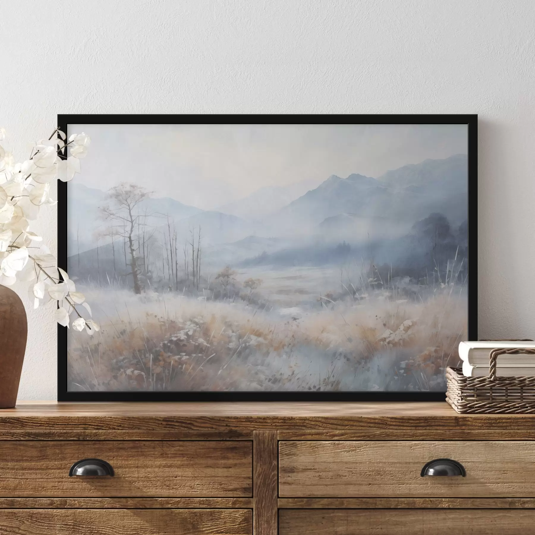 Obraz Texturovaná krajina s horami, suchou trávou a lesem, tlumené barvy Č. f44402