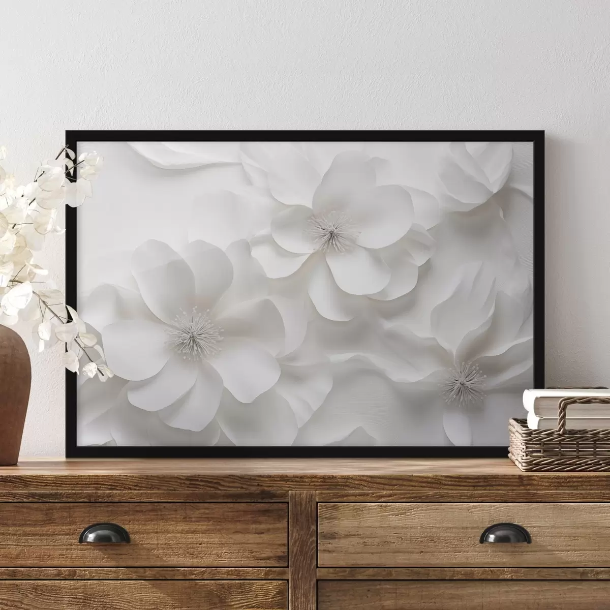 Poster Bílé ozdobné květy s jemnými okvětními lístky a složitými tyčinkami f44406