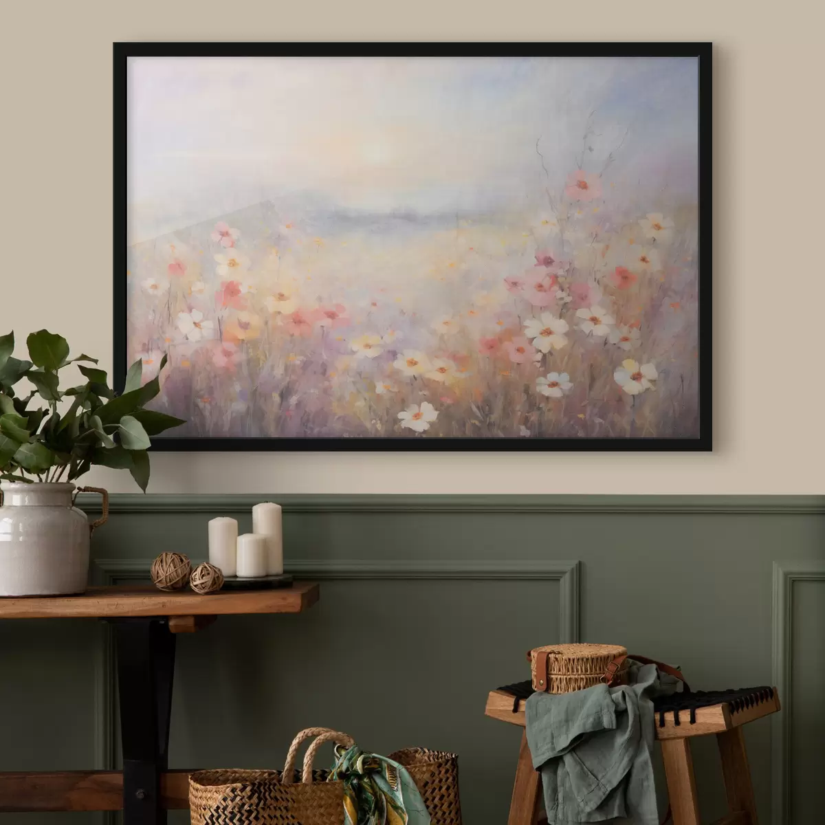 Poster Texturovaná slunečná krajina květinového pole, jemné pastelové barvy, zasněná atmosféra f44408