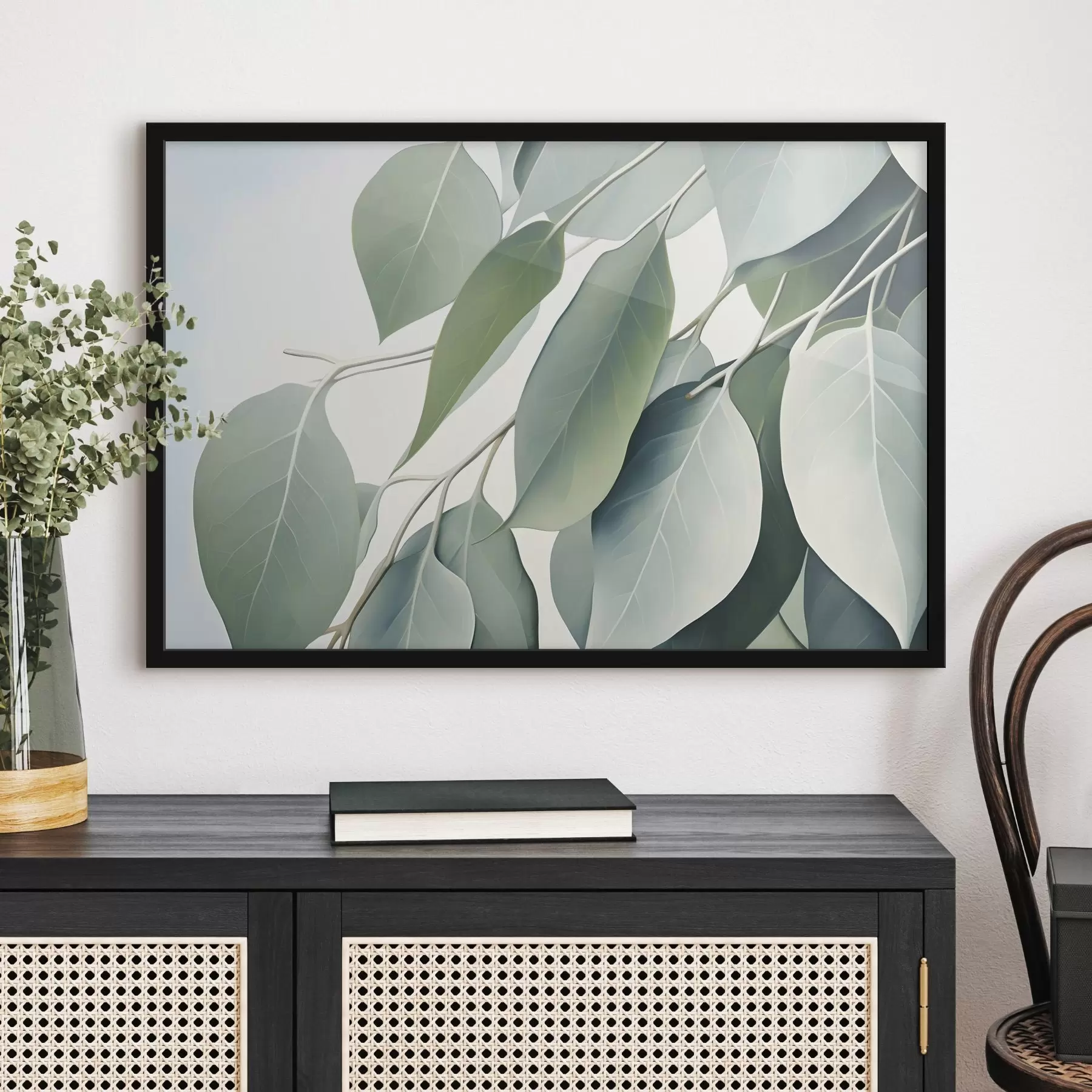 Obraz Eukalyptové listy s jemnou, tlumenou barevnou paletou, uklidňující a přirozenou estetikou Č. f44410