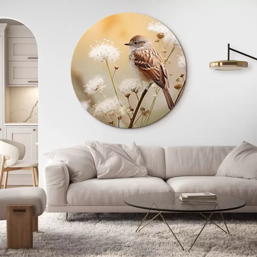 Obraz Pták sedící na větvi s bílými květy, měkké zaostření, přírodní pozadí Č. r44393