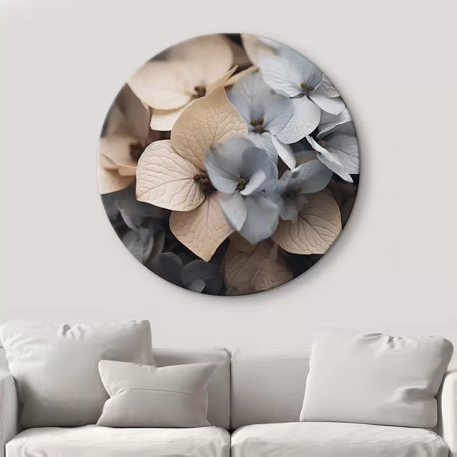 Fototapet Květy hortenzie, světle modré a béžové okvětní lístky, s detailní texturou, elegantní květinové aranžmá r44394