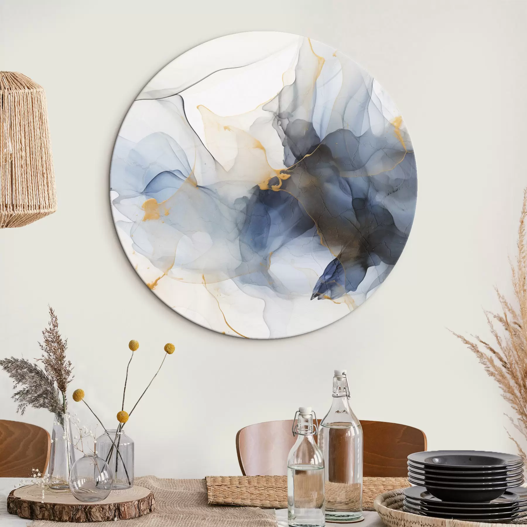 Obraz Abstraktní malba modrou tuší, tekuté a organické tvary, jemné textury na bílém pozadí Č. r44397