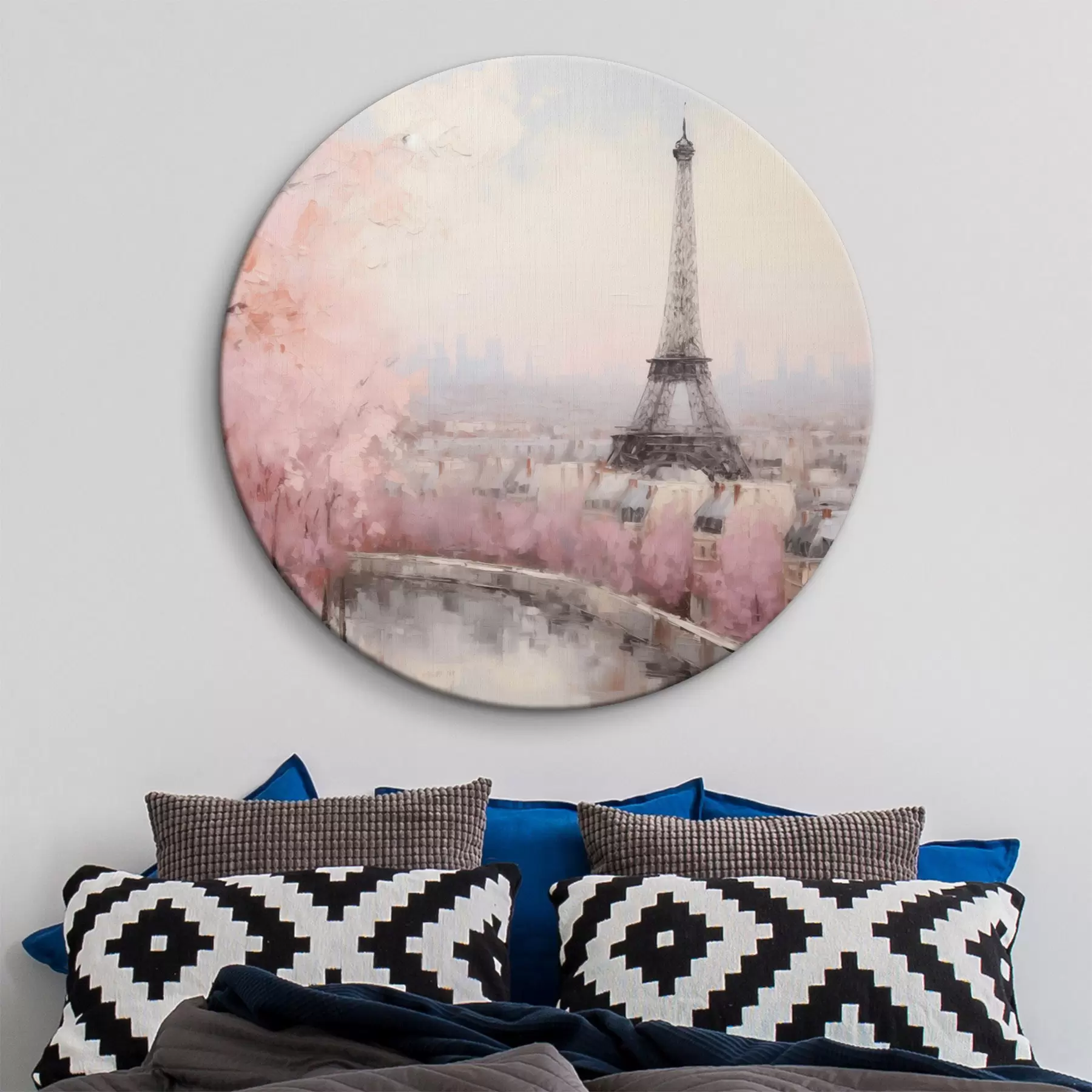 Obraz Eiffelova věž v Paříži s rozkvetlými jarními třešněmi, jemné pastelové barvy Č. r44398