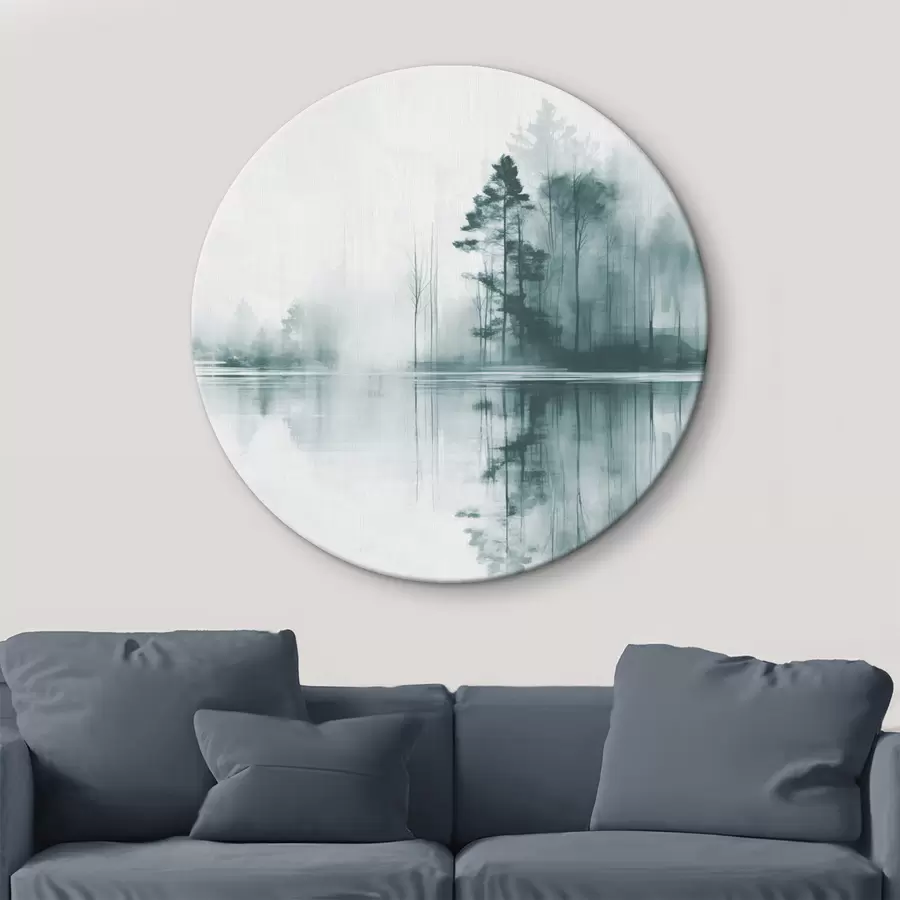 Obraz Abstraktní les s vysokými stromy odrážejícími se ve vodě, tlumená paleta barev Č. r44403