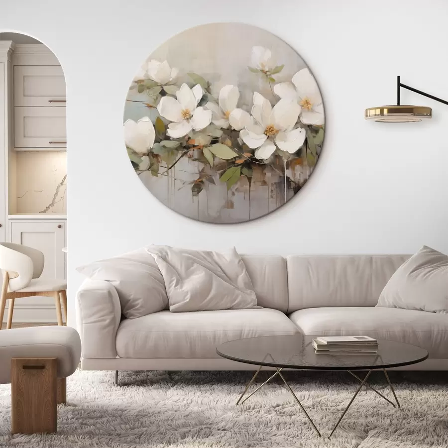 Obraz Bílé květy magnólie se zelenými listy na větvi, jemné tahy štětcem, tlumené barvy Č. r44404