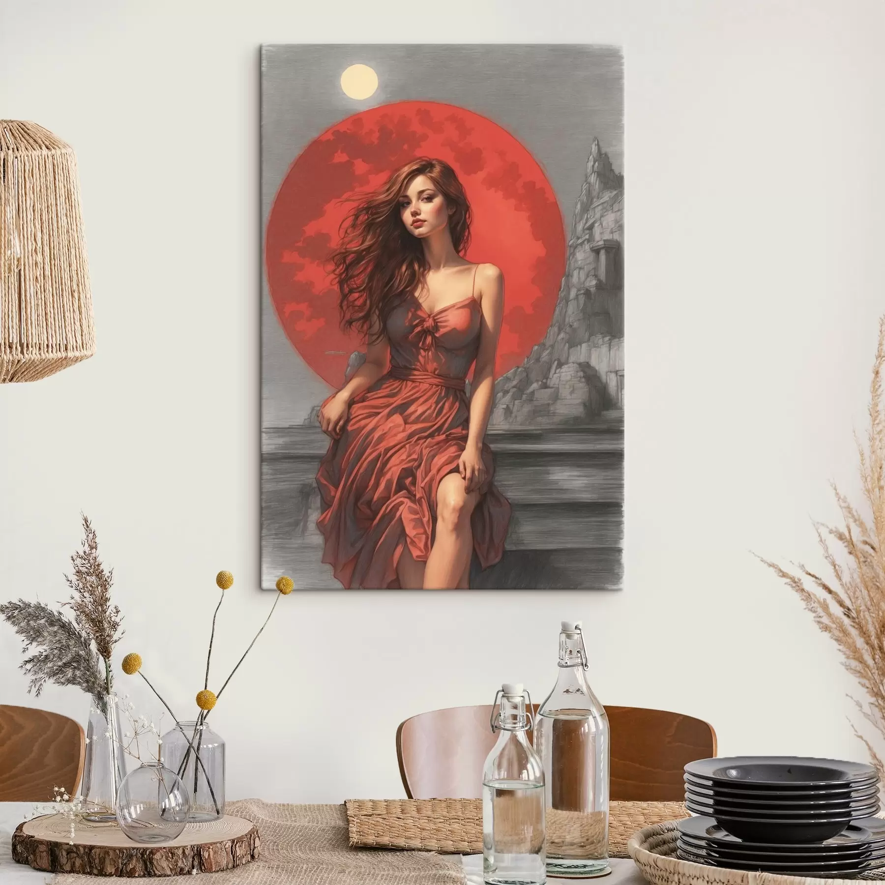 Obraz Dívka na červeném měsíčním pozadí Č. s44448