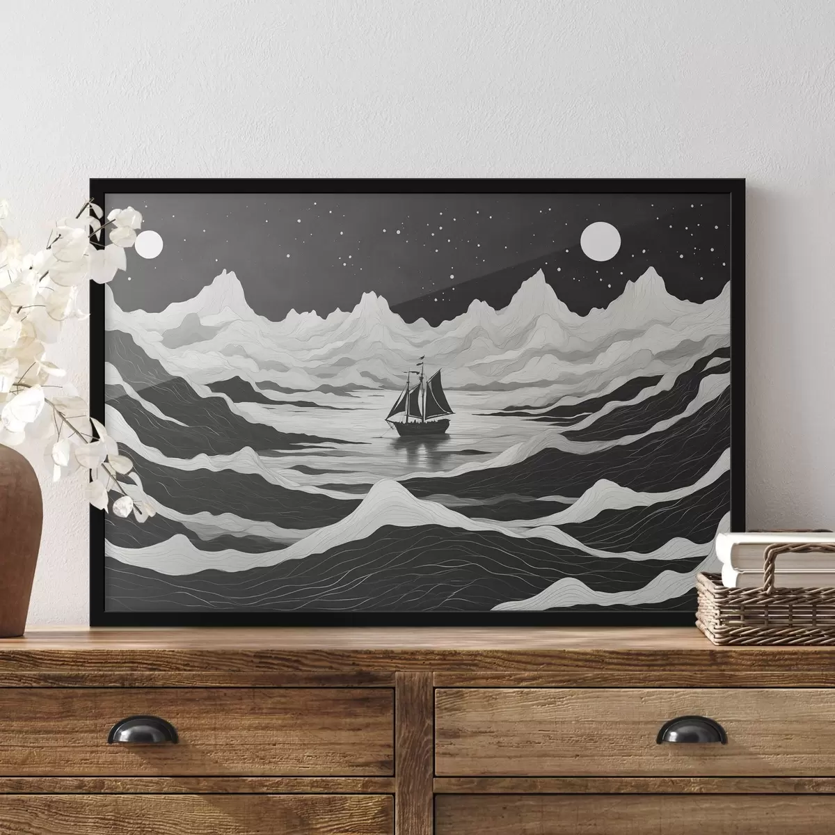 Poster Loď v mlhavém nočním moři f44437