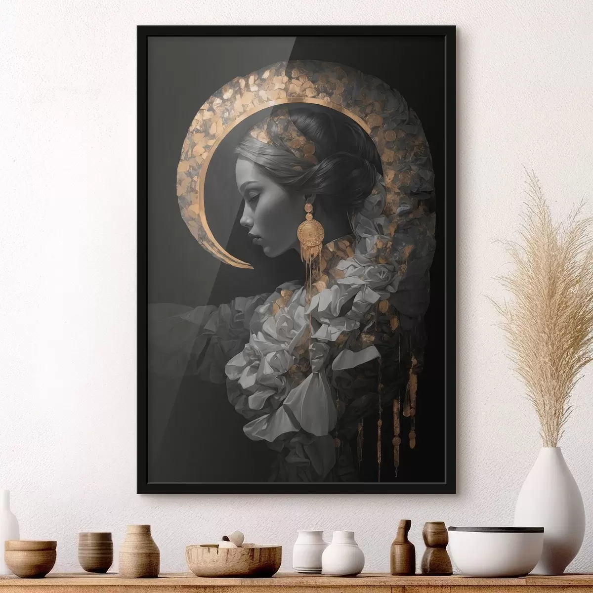 Poster Dívka a žlutý půlměsíc na černém pozadí f44449