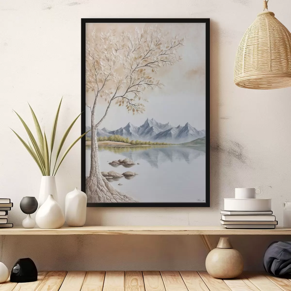 Poster Strom na pozadí jezera a zasněžených hor f44459