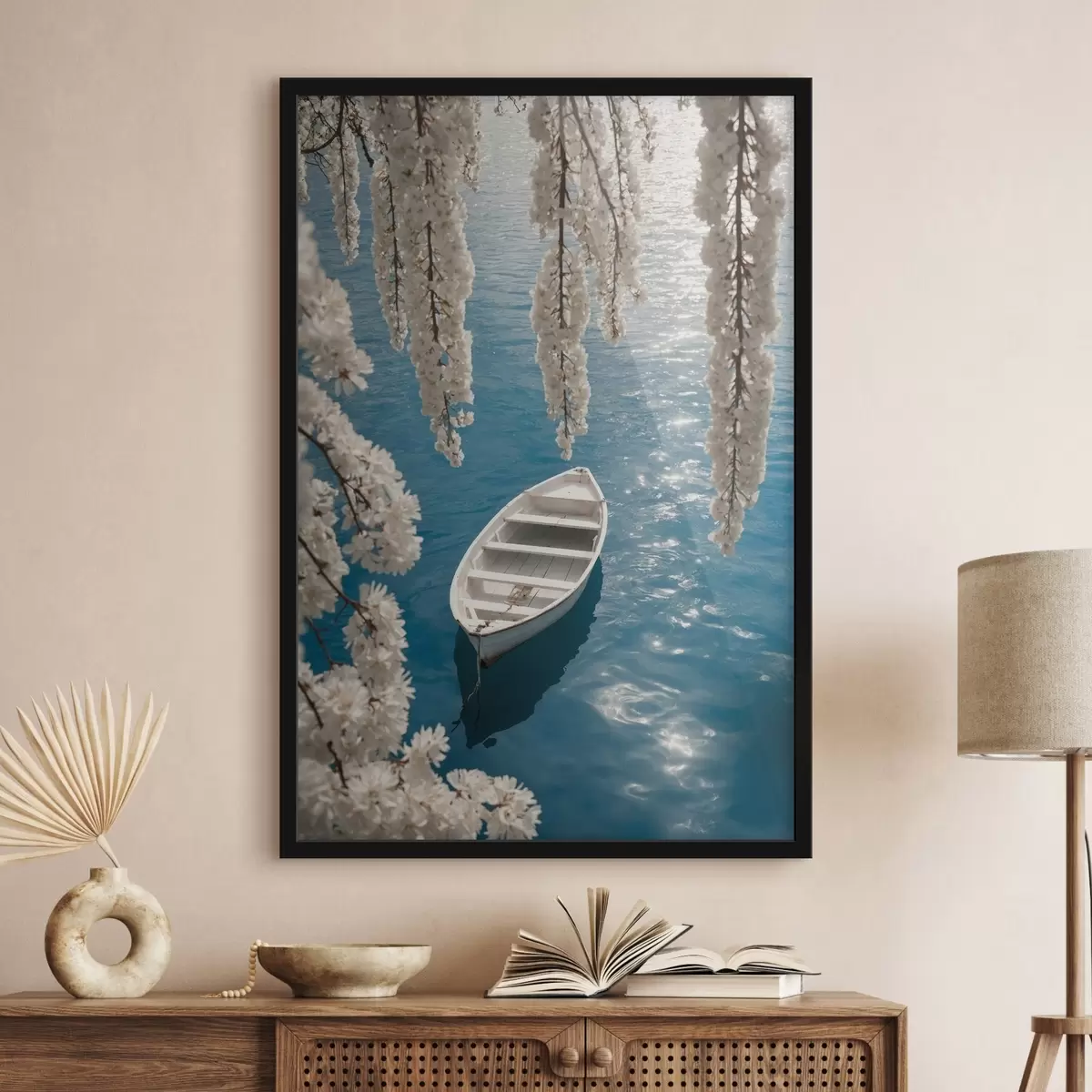 Poster Bílá loďka pod stromem f44482