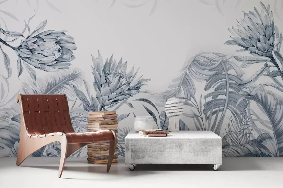 Fototapet Protea mezi tropickými listy, zelené odstíny w03952v2