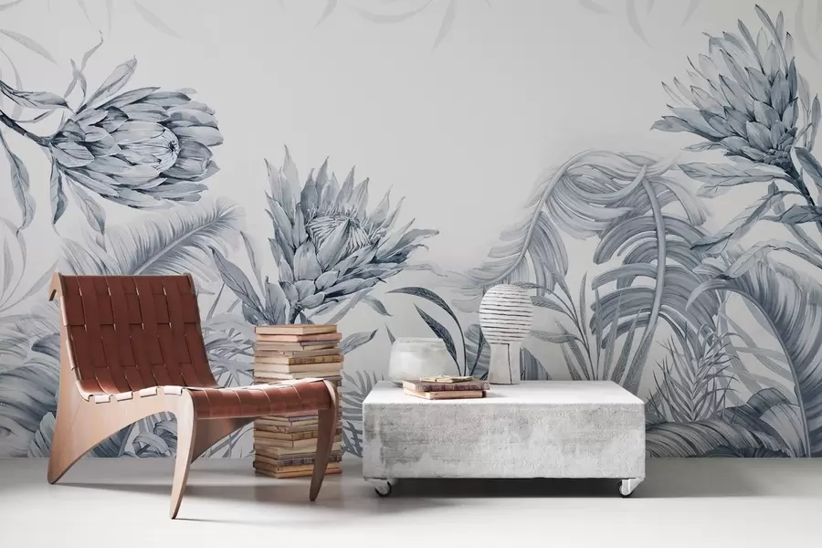 Fototapet Protea mezi tropickými listy, zelené odstíny w03952v2