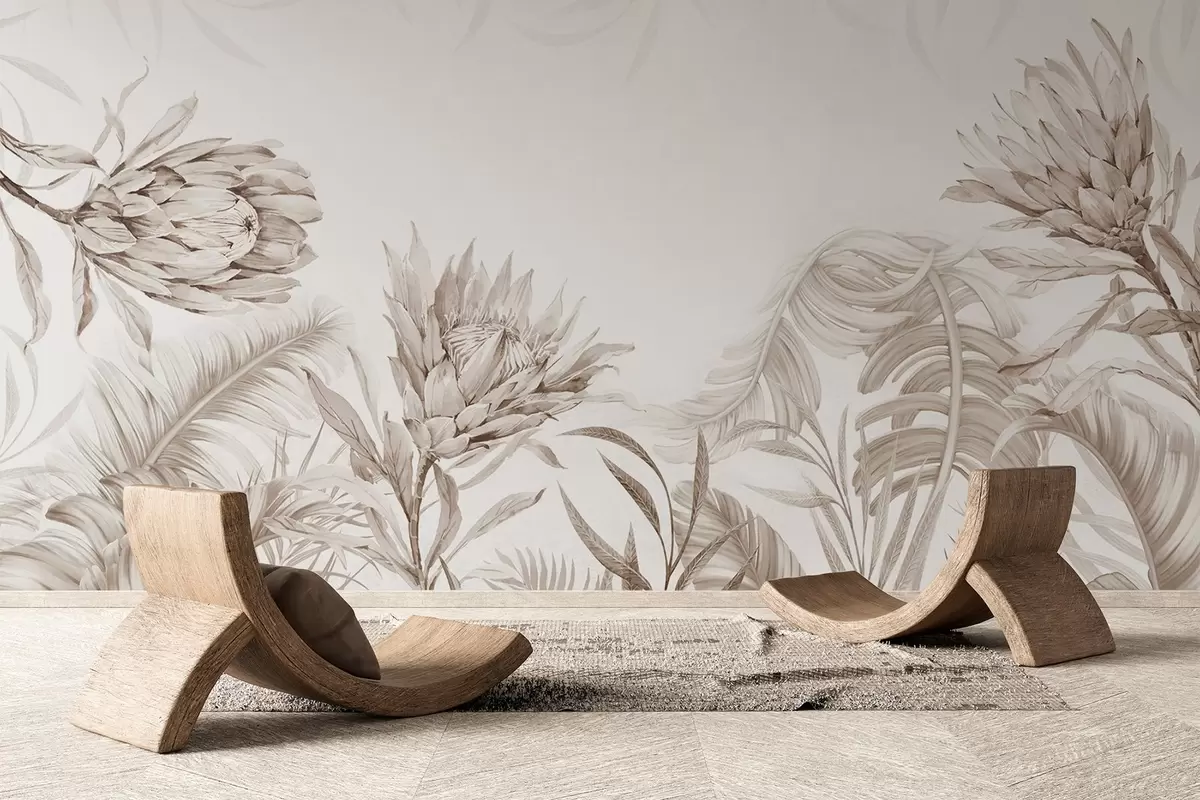 Fototapet Protea mezi tropickými listy, béžové odstíny w03952