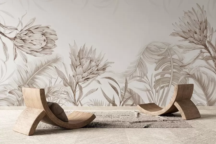 Fototapet Protea mezi tropickými listy, béžové odstíny w03952