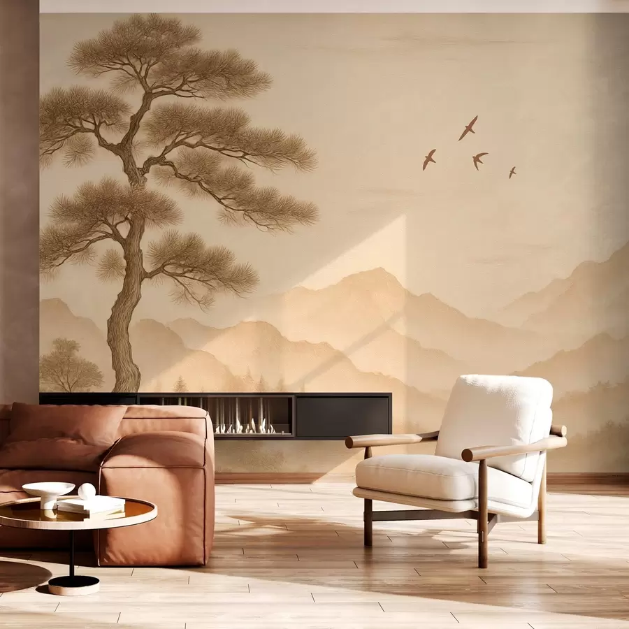 Fototapet panorama kopců s velkým stromem v sépiovém stylu w04033