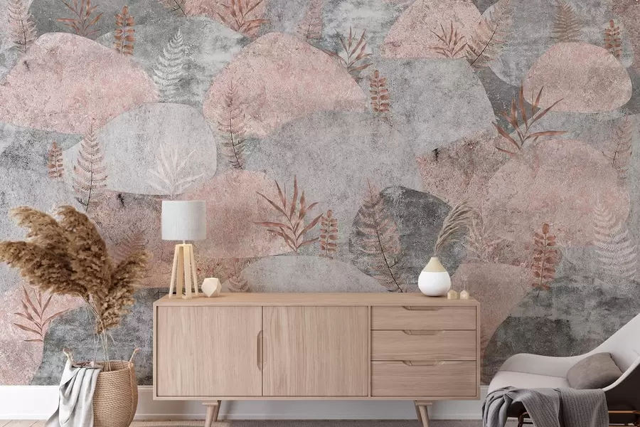 Fototapet Kameny s rostlinami, kapradí, severský, rustikální styl, šedá a růžová barva w04064v1